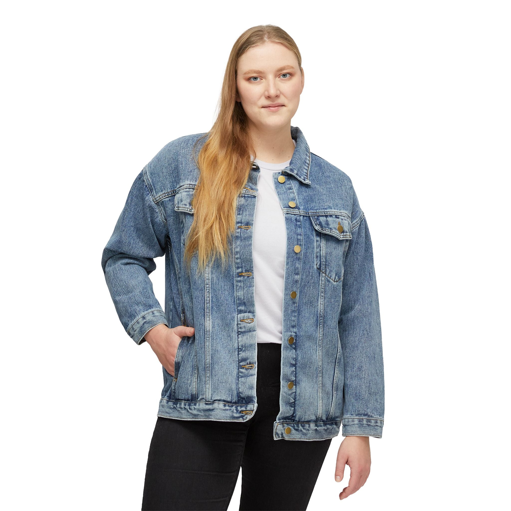 Women's Denim Jacket — Embroidered 'Progress' Back Graphic, Casual Vintage Jean Coat