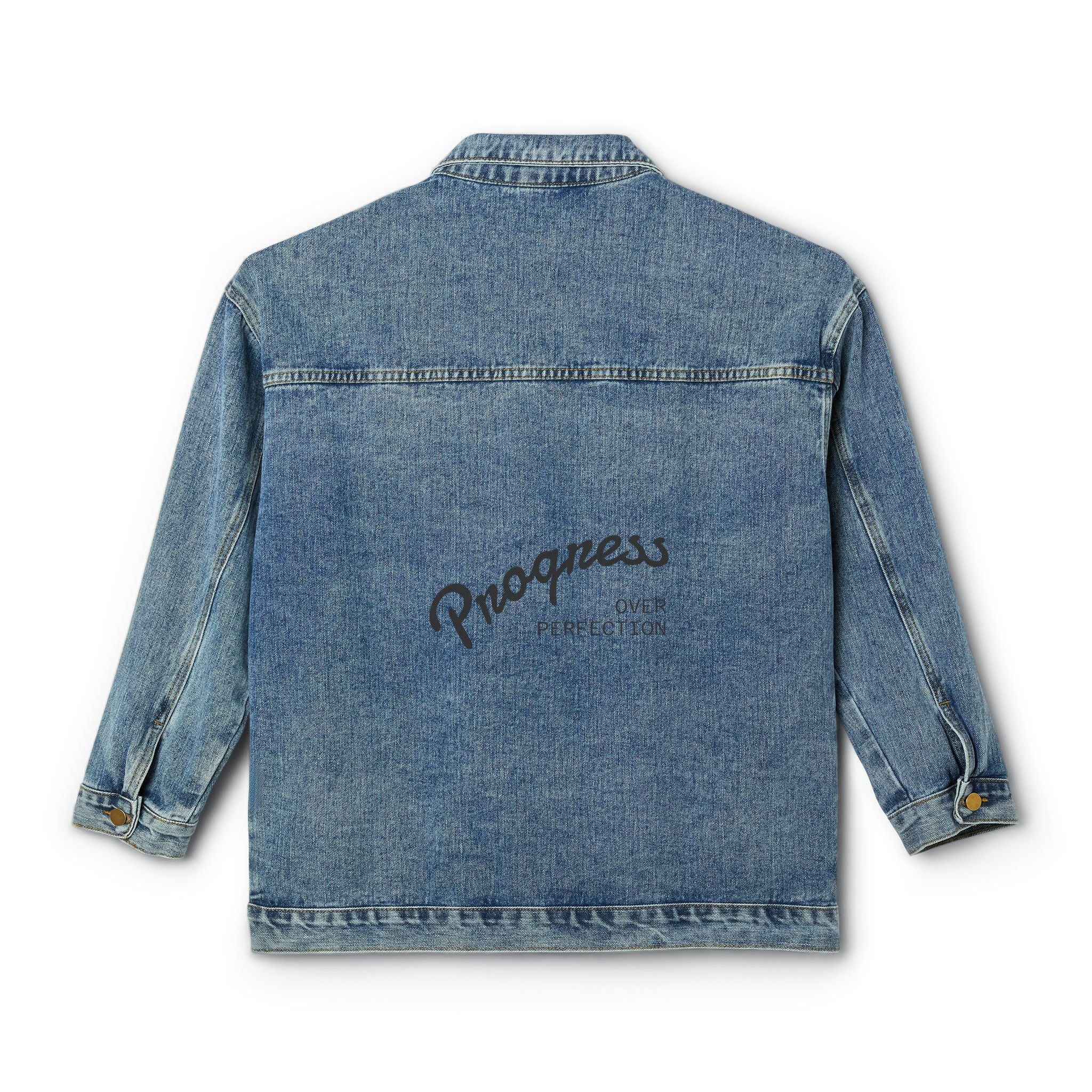 Women's Denim Jacket — Embroidered 'Progress' Back Graphic, Casual Vintage Jean Coat